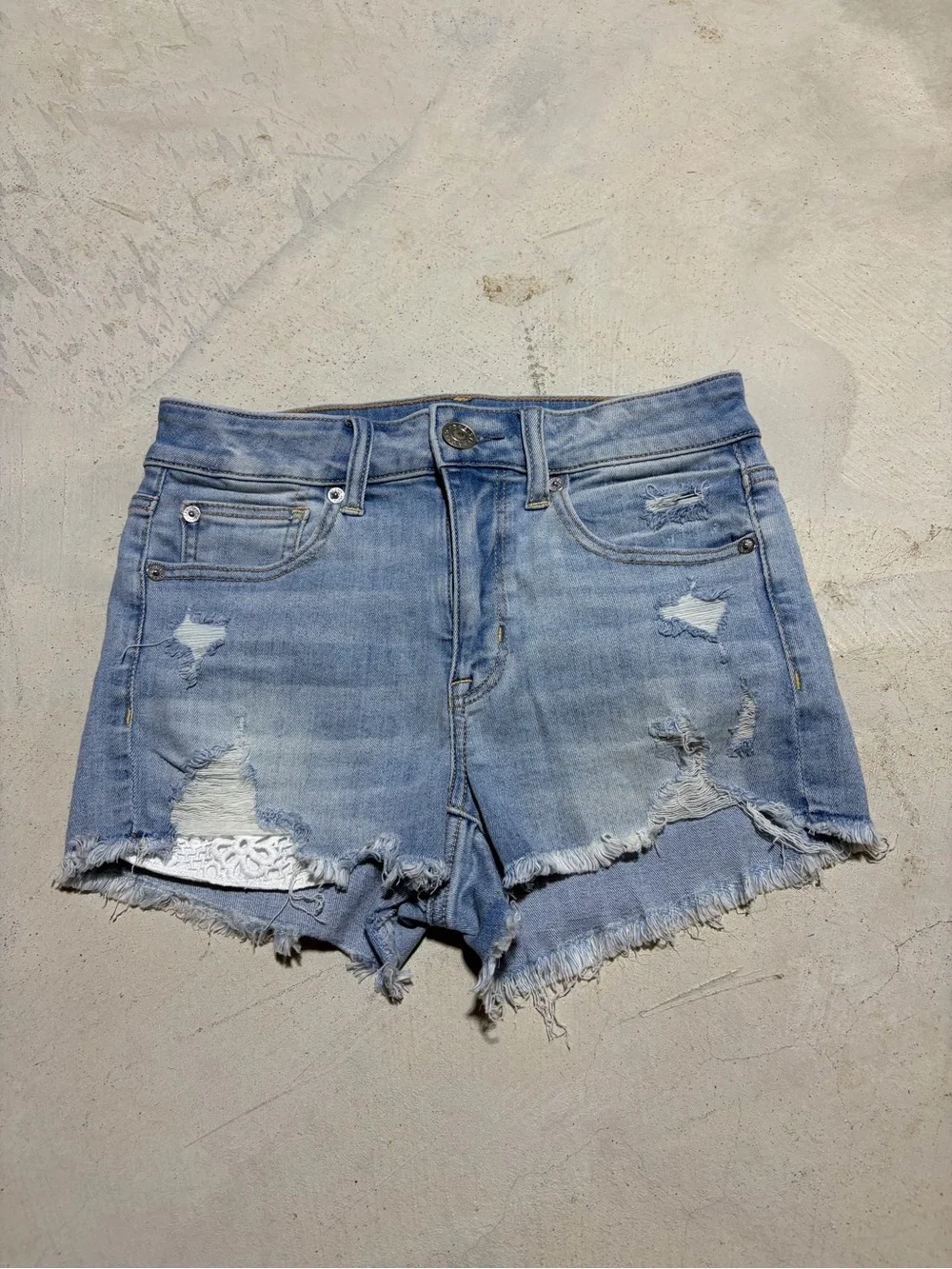 American Eagle hi-rise shortie Light Blue Distressed Denim Women's Shorts 2 - Picture 1 of 10